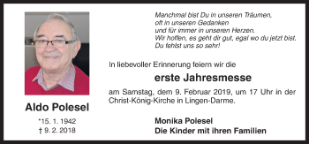 Traueranzeige von Aldo Polesel von Neue Osnabrücker Zeitung GmbH & Co. KG