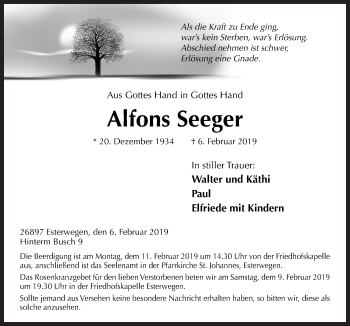 Traueranzeige von Alfons Seeger von Neue Osnabrücker Zeitung GmbH & Co. KG