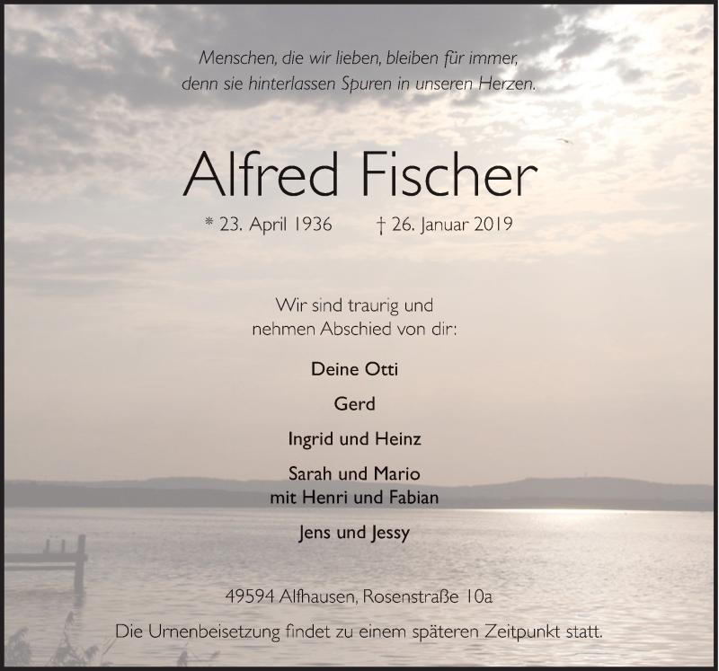  Traueranzeige für Alfred Fischer vom 01.02.2019 aus Neue Osnabrücker Zeitung GmbH & Co. KG