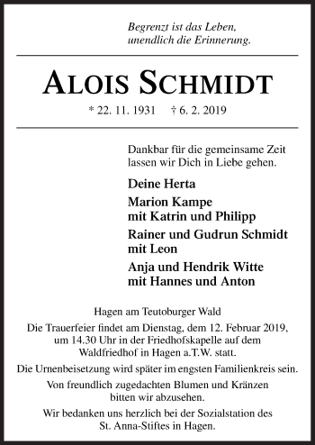 Traueranzeige von Alois Schmidt von Neue Osnabrücker Zeitung GmbH & Co. KG