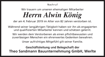 Traueranzeige von Alwin König von Neue Osnabrücker Zeitung GmbH & Co. KG