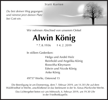 Traueranzeige von Alwin König von Neue Osnabrücker Zeitung GmbH & Co. KG