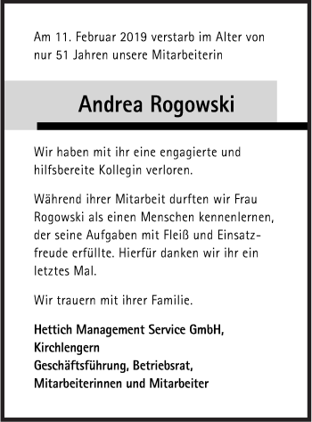 Traueranzeige von Andrea Rogowski von Neue Osnabrücker Zeitung GmbH & Co. KG