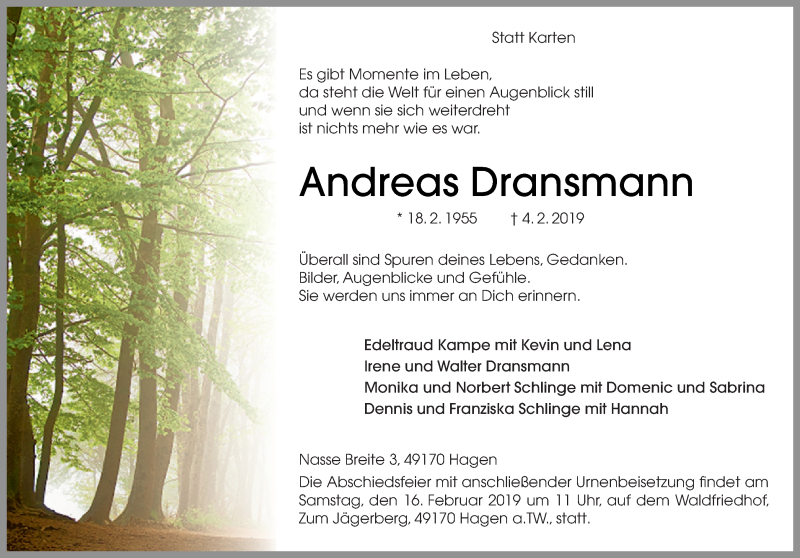  Traueranzeige für Andreas Dransmann vom 09.02.2019 aus Neue Osnabrücker Zeitung GmbH & Co. KG