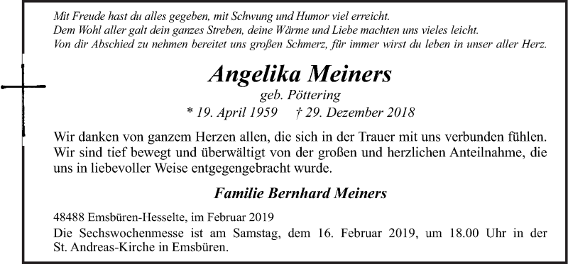  Traueranzeige für Angelika Meiners vom 13.02.2019 aus Neue Osnabrücker Zeitung GmbH & Co. KG