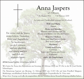 Traueranzeige von Anna Jaspers von Neue Osnabrücker Zeitung GmbH & Co. KG