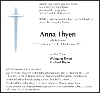 Traueranzeige von Anna Thyen von Neue Osnabrücker Zeitung GmbH & Co. KG