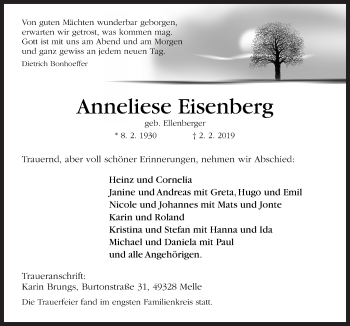 Traueranzeige von Anneliese Eisenberg von Neue Osnabrücker Zeitung GmbH & Co. KG