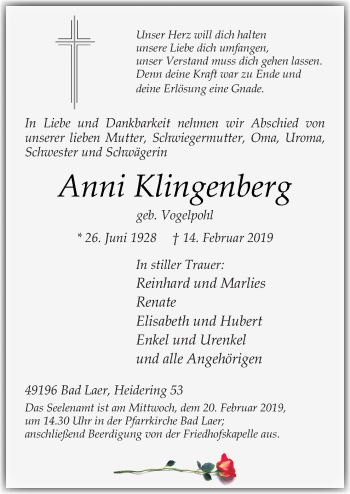 Traueranzeige von Anni Klingenberg von Neue Osnabrücker Zeitung GmbH & Co. KG