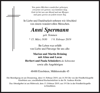 Traueranzeige von Anni Spermann von Neue Osnabrücker Zeitung GmbH & Co. KG