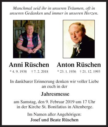 Traueranzeige von Anni und Anton Rüschen von Neue Osnabrücker Zeitung GmbH & Co. KG