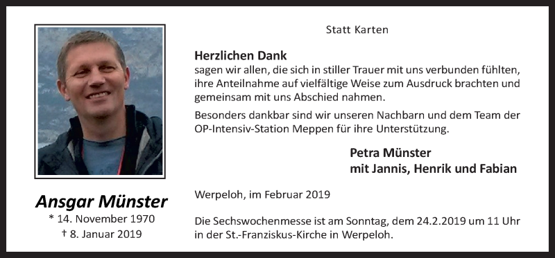  Traueranzeige für Ansgar Münster vom 20.02.2019 aus Neue Osnabrücker Zeitung GmbH & Co. KG