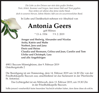 Traueranzeige von Antonia Geers von Neue Osnabrücker Zeitung GmbH & Co. KG