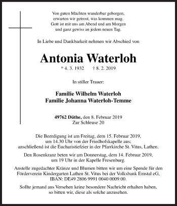 Traueranzeige von Antonia Waterloh von Neue Osnabrücker Zeitung GmbH & Co. KG