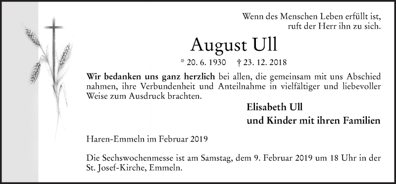  Traueranzeige für August Ull vom 06.02.2019 aus Neue Osnabrücker Zeitung GmbH & Co. KG