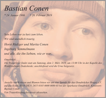 Traueranzeige von Bastian Conen von Neue Osnabrücker Zeitung GmbH & Co. KG