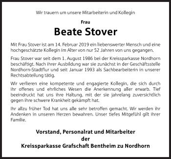 Traueranzeige von Beate Stover von Neue Osnabrücker Zeitung GmbH & Co. KG