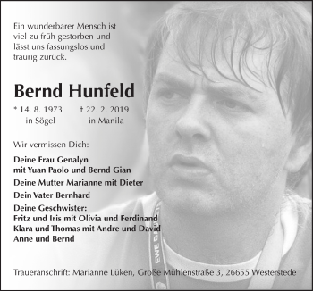 Traueranzeige von Bernd Hunfeld von Neue Osnabrücker Zeitung GmbH & Co. KG