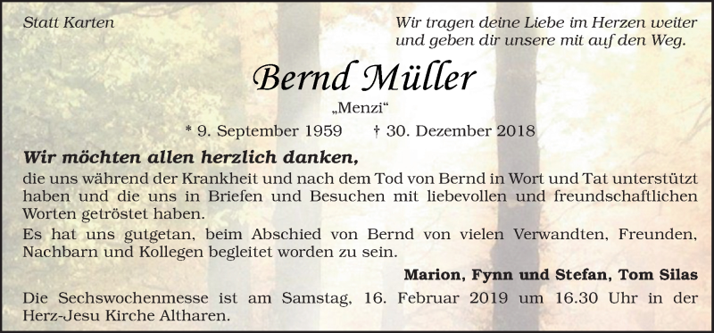  Traueranzeige für Bernd Müller vom 09.02.2019 aus Neue Osnabrücker Zeitung GmbH & Co. KG