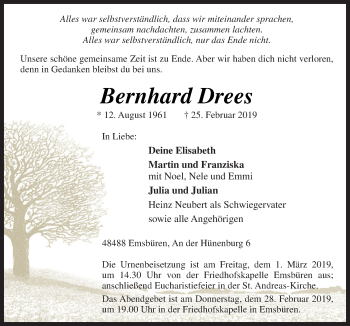 Traueranzeige von Bernhard Drees von Neue Osnabrücker Zeitung GmbH & Co. KG