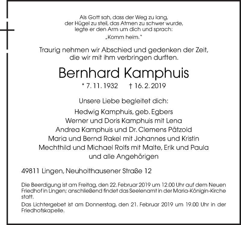 Traueranzeige für Bernhard Kamphuis vom 20.02.2019 aus Neue Osnabrücker Zeitung GmbH & Co. KG