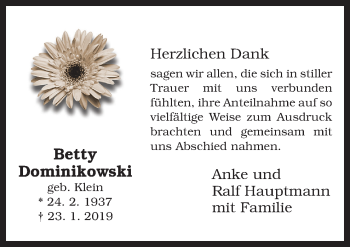 Traueranzeige von Betty Dominikowski von Neue Osnabrücker Zeitung GmbH & Co. KG