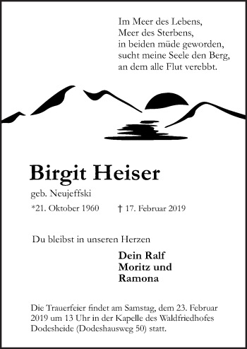 Traueranzeige von Birgit Heiser von Neue Osnabrücker Zeitung GmbH & Co. KG