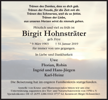 Traueranzeige von Birgit Hohnsträter von Neue Osnabrücker Zeitung GmbH & Co. KG