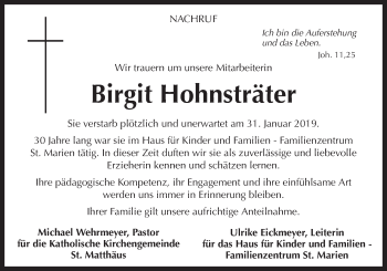 Traueranzeige von Birgit Hohnsträter von Neue Osnabrücker Zeitung GmbH & Co. KG