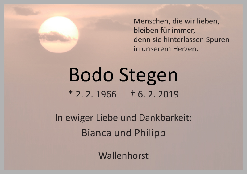  Traueranzeige für Bodo Stegen vom 13.02.2019 aus Neue Osnabrücker Zeitung GmbH & Co. KG