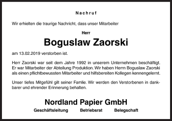 Traueranzeige von Boguslaw Zaorski von Neue Osnabrücker Zeitung GmbH & Co. KG