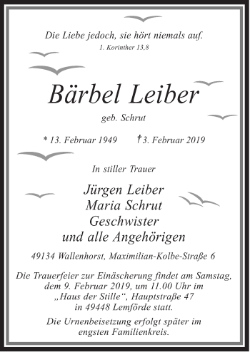Traueranzeige von Bärbel Leiber von Neue Osnabrücker Zeitung GmbH & Co. KG