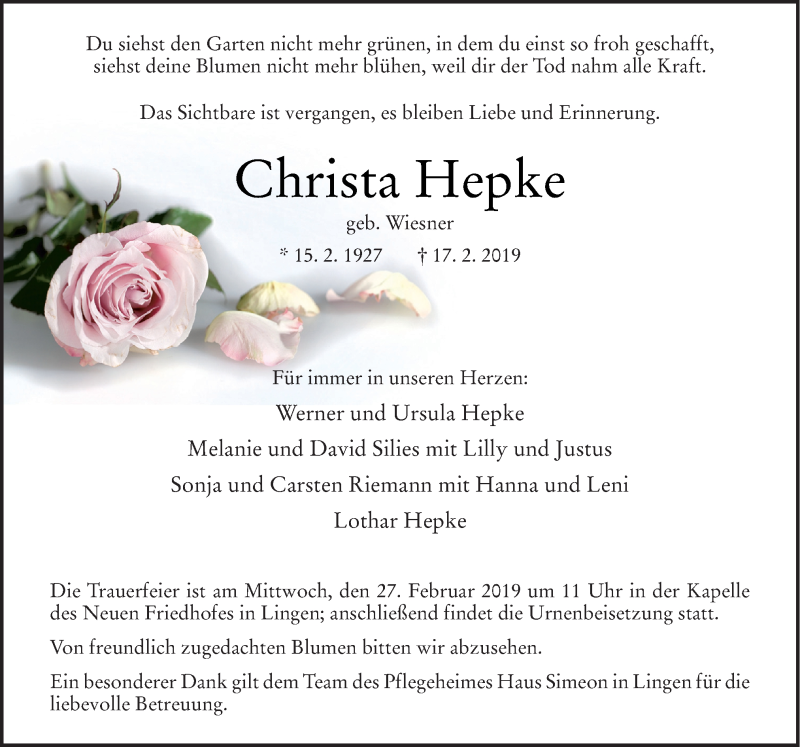  Traueranzeige für Christa Hepke vom 23.02.2019 aus Neue Osnabrücker Zeitung GmbH & Co. KG