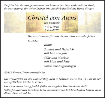Traueranzeige von Christel von Atens von Neue Osnabrücker Zeitung GmbH & Co. KG