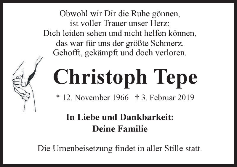  Traueranzeige für Christoph Tepe vom 09.02.2019 aus Neue Osnabrücker Zeitung GmbH & Co. KG