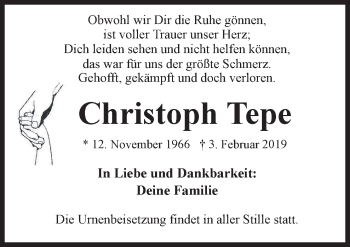 Traueranzeige von Christoph Tepe von Neue Osnabrücker Zeitung GmbH & Co. KG