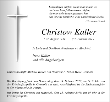 Traueranzeige von Christow Kaller von Neue Osnabrücker Zeitung GmbH & Co. KG