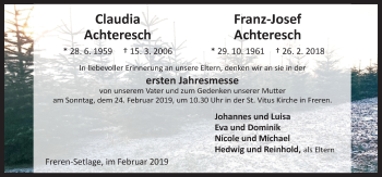 Traueranzeige von Claudia und Franz-Josef Achteresch von Neue Osnabrücker Zeitung GmbH & Co. KG