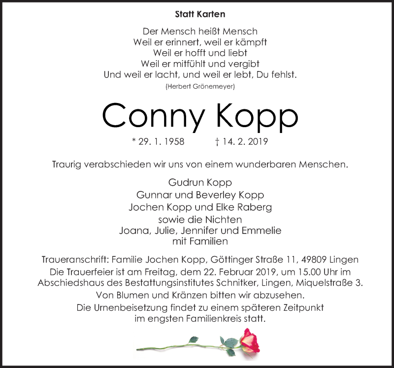  Traueranzeige für Conny Kopp vom 19.02.2019 aus Neue Osnabrücker Zeitung GmbH & Co. KG