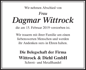 Traueranzeige von Dagmar Wittrock von Neue Osnabrücker Zeitung GmbH & Co. KG