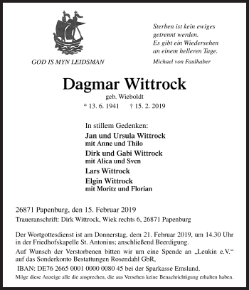 Traueranzeige von Dagmar Wittrock von Neue Osnabrücker Zeitung GmbH & Co. KG