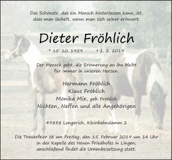 Traueranzeige von Dieter Fröhlich von Neue Osnabrücker Zeitung GmbH & Co. KG