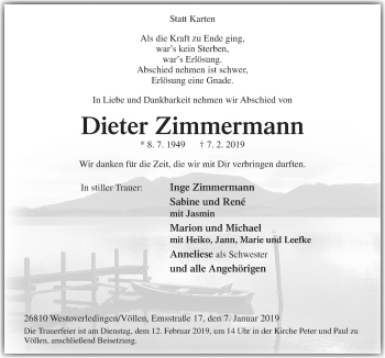 Traueranzeige von Dieter Zimmermann von Neue Osnabrücker Zeitung GmbH & Co. KG