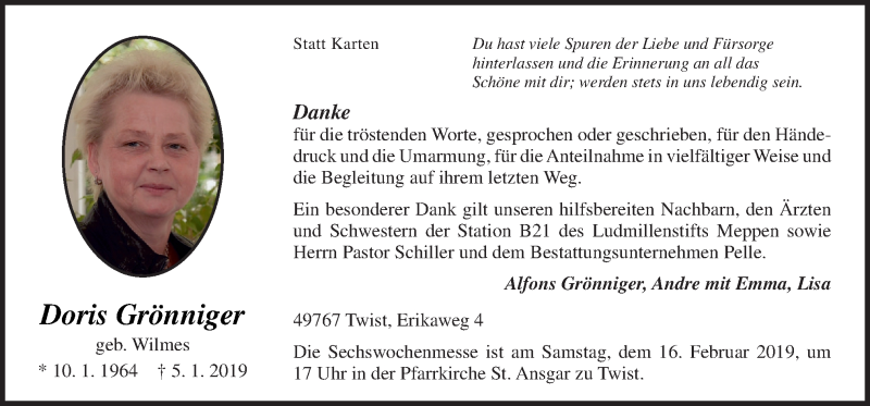  Traueranzeige für Doris Grönniger vom 13.02.2019 aus Neue Osnabrücker Zeitung GmbH & Co. KG