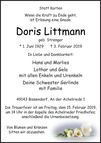 Traueranzeige von Doris Littmann von Neue Osnabrücker Zeitung GmbH & Co. KG