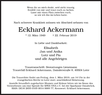 Traueranzeige von Eckhard Ackermann von Neue Osnabrücker Zeitung GmbH & Co. KG