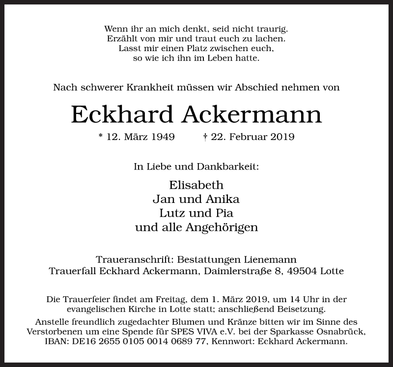  Traueranzeige für Eckhard Ackermann vom 27.02.2019 aus Neue Osnabrücker Zeitung GmbH & Co. KG