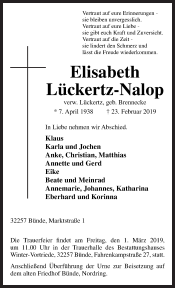 Traueranzeige von Elisabeth Lückertz-Nalop von Neue Osnabrücker Zeitung GmbH & Co. KG