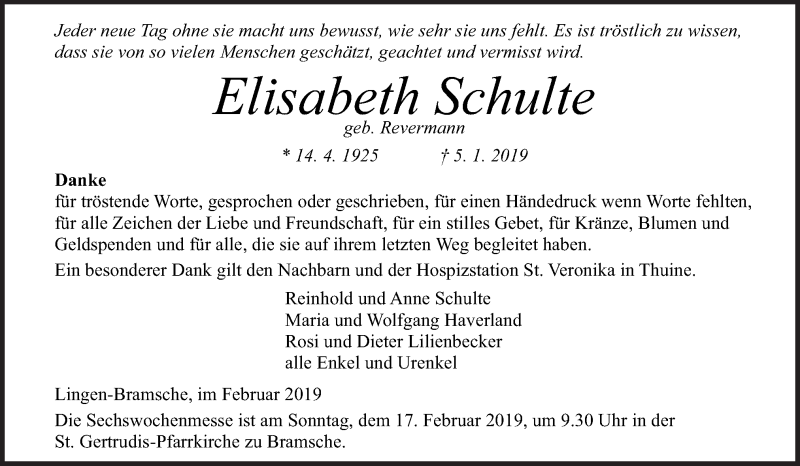  Traueranzeige für Elisabeth Schulte vom 13.02.2019 aus Neue Osnabrücker Zeitung GmbH & Co. KG