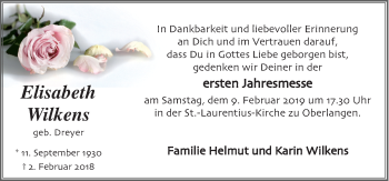 Traueranzeige von Elisabeth Wilkens von Neue Osnabrücker Zeitung GmbH & Co. KG